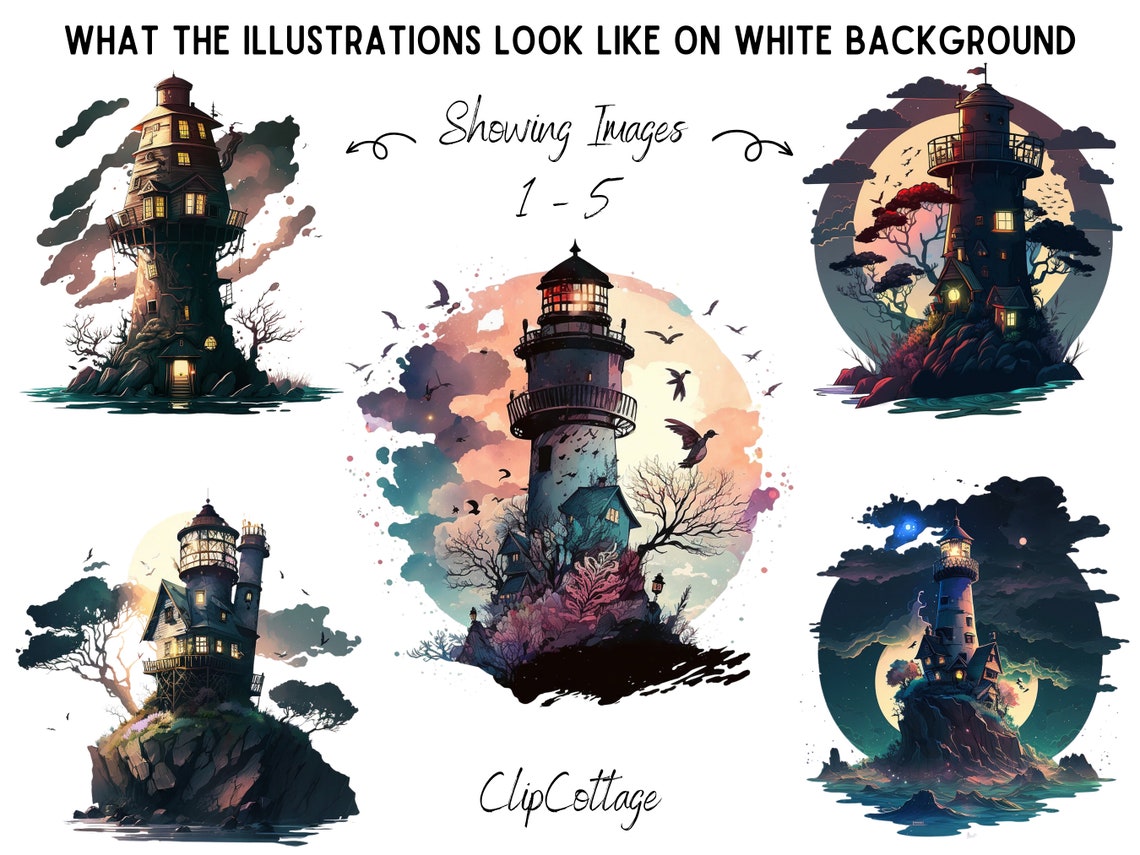 20 Lighthouses Clipart Bundle - Whimsical House PNG Sublimation ...