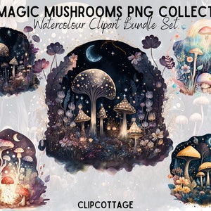 Magic Mushrooms Clipart PNG Sublimation Bundle | 20 Enchanted Forest Watercolour Themed Digital Download Design Prints | Free Commercial Use