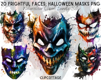 May include: A set of 20 watercolour Halloween masks in various colours, including blue, green, red, orange, and purple. The masks are all different and have a variety of expressions, including scary, funny, and spooky. The masks are perfect for adding a touch of Halloween fun to your home decor or crafts.
