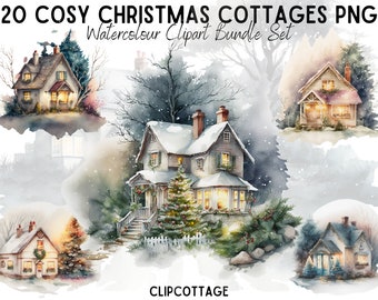 Christmas Cottages Clipart PNG Sublimation Bundle | 20 Transparent Xmas Village Houses Watercolour Digital Download Designs | Commercial Use