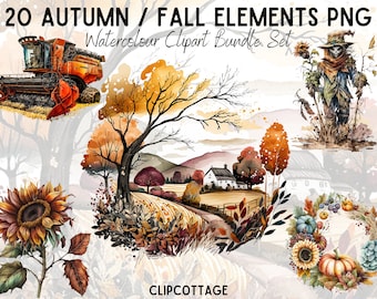Pode incluir: Um conjunto de 20 imagens de clipart de aquarela com elementos de outono, incluindo uma colheitadeira, um espantalho, um girassol, uma fazenda e uma coroa. As imagens são perfeitas para adicionar um toque de outono às suas manualidades, projetos e designs.
