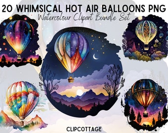 20 Hot Air Balloon Watercolour Clipart PNG Magical Illustrations Bundle For Sublimation T-Shirts, and POD Products Commercial Licence Inc.