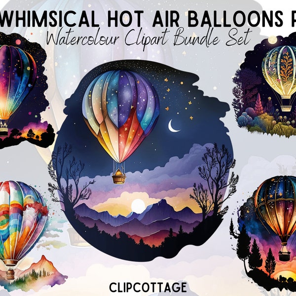 20 Hot Air Balloon Watercolour Clipart PNG Magical Illustrations Bundle For Sublimation T-Shirts, and POD Products Commercial Licence Inc.