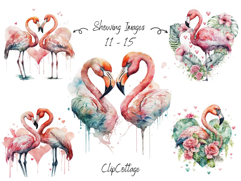 May include: Five watercolour illustrations of pink flamingos in various poses. Some flamingos are shown in a heart shape, while others are standing alone. The illustrations are surrounded by pink hearts and green foliage.