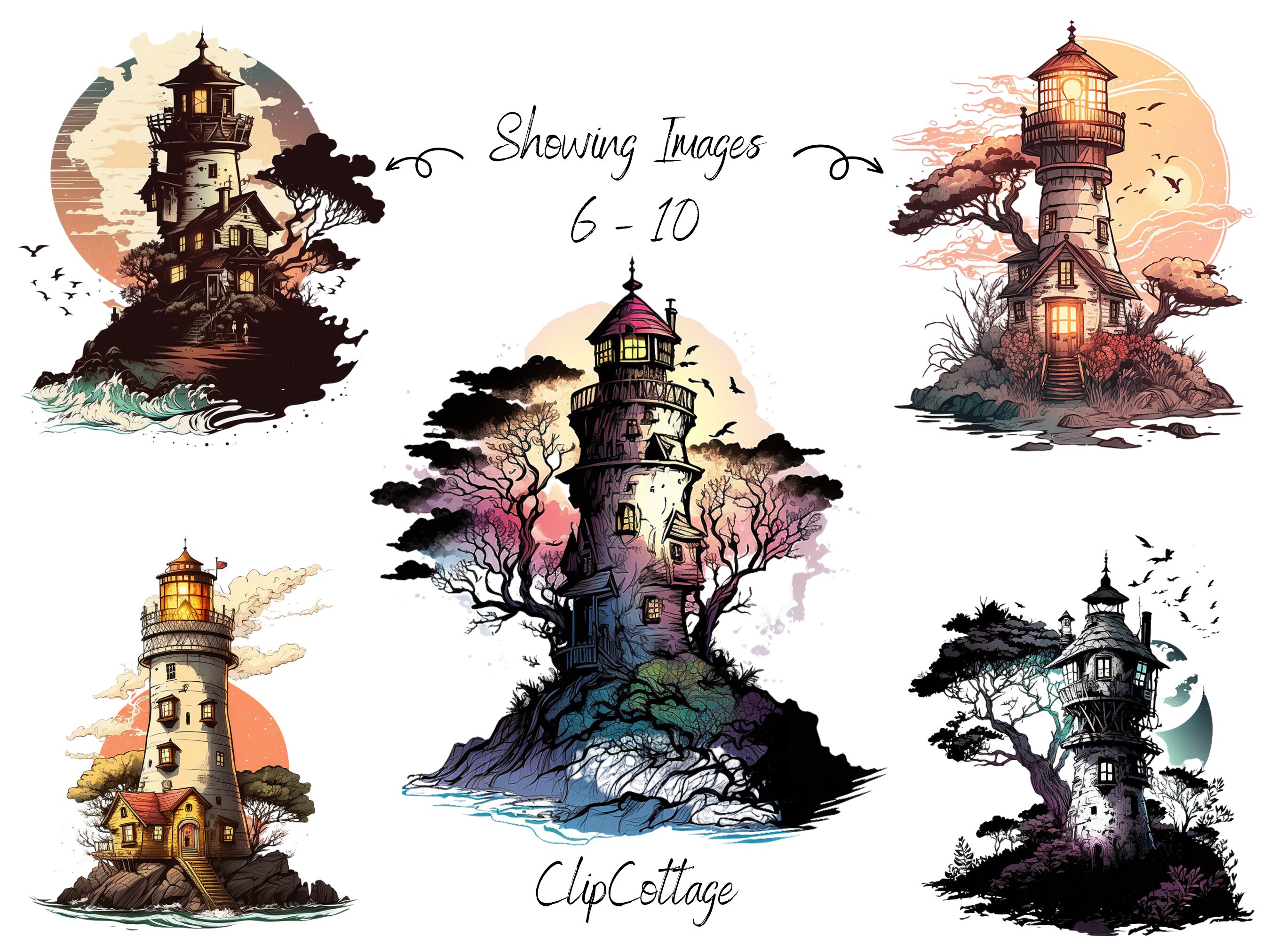 20 Lighthouses Clipart Bundle - Whimsical House PNG Sublimation ...