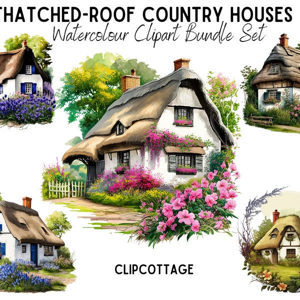 20 Thatched-Roof Houses Watercolour Clipart PNG Cute Illustrations Bundle For Sublimation For T-Shirts, and POD Products Commercial Licence