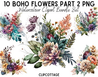 10 Boho Flowers 2 Clipart Bundle - PNG Sublimation Illustrations for Wedding Invitations, Scrapbooking and Crafts - Commercial Use Included
