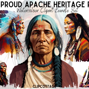 Może przedstawiać: Zestaw 20 obrazów clipart w akwareli przedstawiających dumne dziedzictwo Apaczów. Obrazy przedstawiają rdzennych Amerykanów w tradycyjnych strojach i nakryciach głowy. Obrazy idealnie nadają się do użycia w scrapbookingu cyfrowym, tworzeniu kartek i innych projektach kreatywnych.