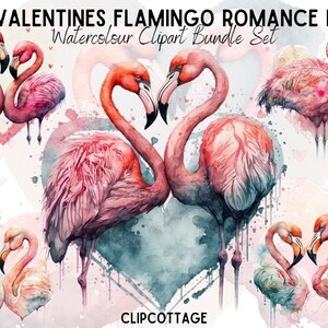 May include: Watercolour painting of 20 pink flamingos in various poses, some with hearts, on a white background with pink and blue watercolour splatters. The text "20 VALENTINES FLAMINGO ROMANCE PNG Watercolor Clipart Bundle Set" is at the top of the image. The text "CLIPCOTTAGE" is at the bottom of the image.