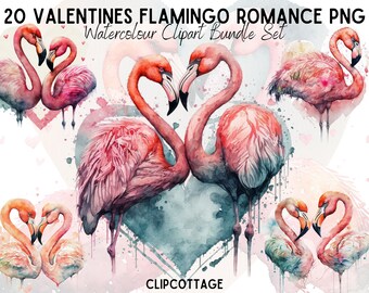 Valentines Flamingos Clipart PNG Sublimation Bundle | 20 Animals In Love Hearts Watercolour Themed Digital Download Designs | Commercial Use
