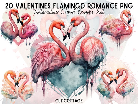 Valentines Flamingos Clipart PNG Sublimation Bundle | 20 Animals In Love Hearts Watercolour Themed Digital Download Designs | Commercial Use