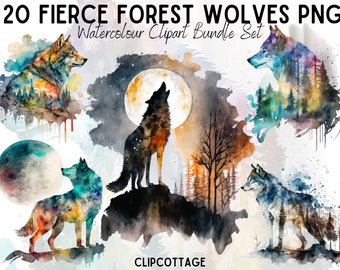 20 Wolf Clipart Bundle - Majestic Wolves PNG Sublimation Illustrations for Invitations, Scrapbooking and Crafts - Commercial Use Included