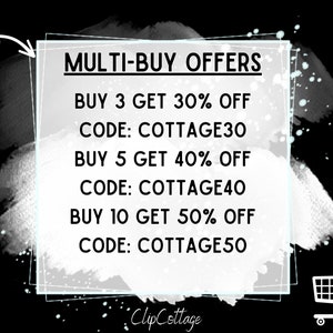 May include: White text on a grey background with a black border. The text reads "MULTI-BUY OFFERS" and lists discounts for buying 3, 5, or 10 items. The discount codes are COTTAGE30, COTTAGE40, and COTTAGE50.