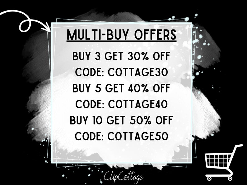 May include: White text on a grey background with a black border. The text reads "MULTI-BUY OFFERS" and lists discounts for buying 3, 5, or 10 items. The discount codes are COTTAGE30, COTTAGE40, and COTTAGE50.