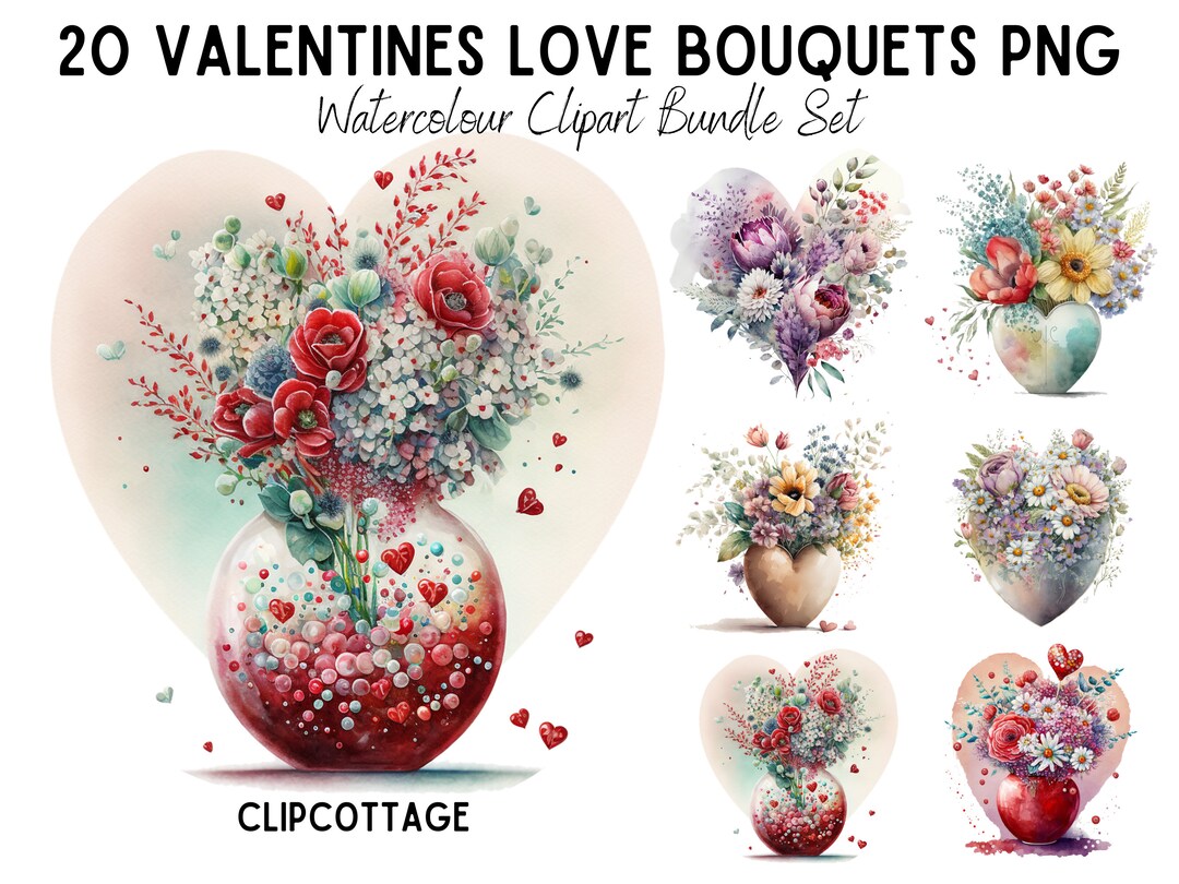 Valentines Bouquets Clipart PNG Sublimation Bundle | 20 Floral Hearts ...