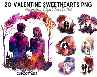 Valentines Couples Clipart PNG Sublimation Bundle | 20 Transparent Love Hearts Watercolour Digital Download Sticker Designs | Commercial Use