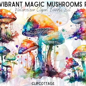 Vibrant Magic Mushrooms Clipart PNG Sublimation Bundle | 20 Transparent Psychedelic Watercolour Digital Download Designs | Commercial Use