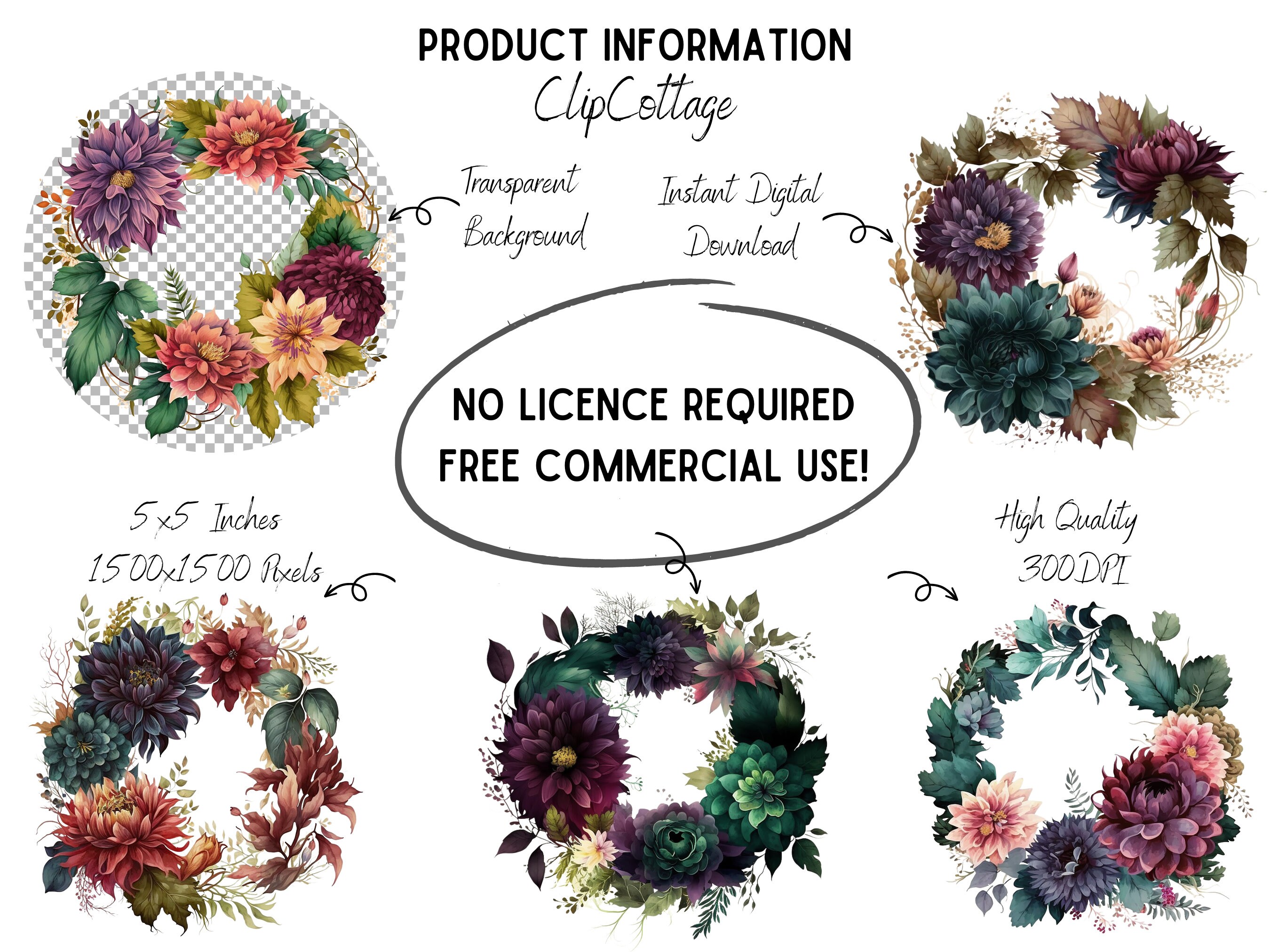 10 Dahlia & Greenery Wreath 2 Clipart Bundle - PNG Sublimation ...