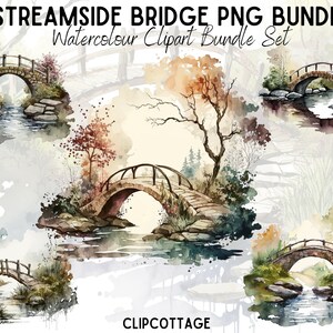 May include: A set of 10 watercolor clipart images of bridges over streams. The bridges are made of stone and wood, and the streams are surrounded by trees and foliage. The images are in a soft, muted color palette.