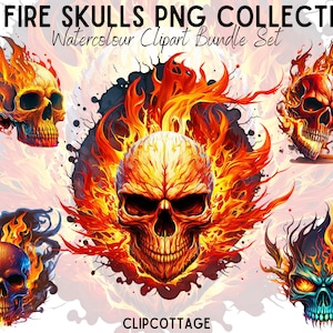 May include: A collection of 20 fire skull clip art images. The skulls are depicted in a watercolor style with flames in shades of orange, yellow, and red. The skulls have a detailed design with visible teeth and eye sockets.