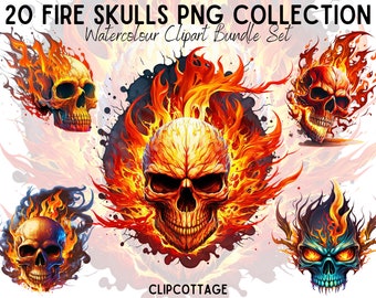 20 Fire Skulls Watercolour Clipart PNG Illustrations Bundle for Sublimation, T-Shirts, and POD Products With Commercial Licence Included
