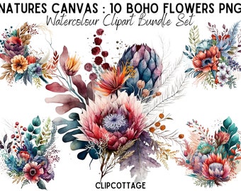 10 Boho Flowers Clipart Bundle - PNG Sublimation Illustrations for Wedding Invitations, Scrapbooking and Crafts - Commercial Use Included