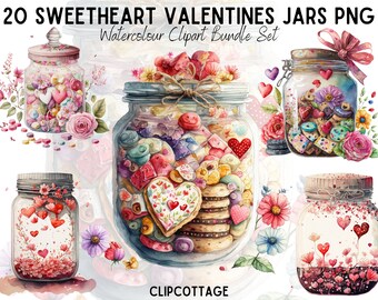 Valentine Jars Clipart PNG Sublimation Bundle | 20 Transparent Hearts and Flowers Watercolour Digital Download Sublimation | Commercial Use