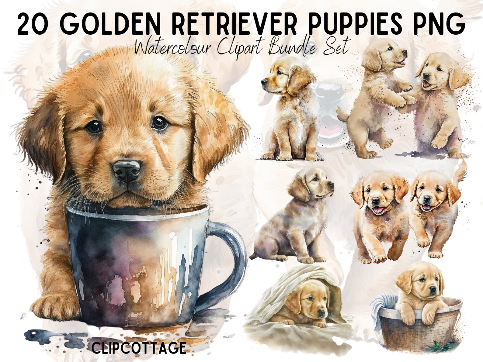 Golden Retriever Puppy Clipart PNG Sublimation Bundle | 20 Transparent ...