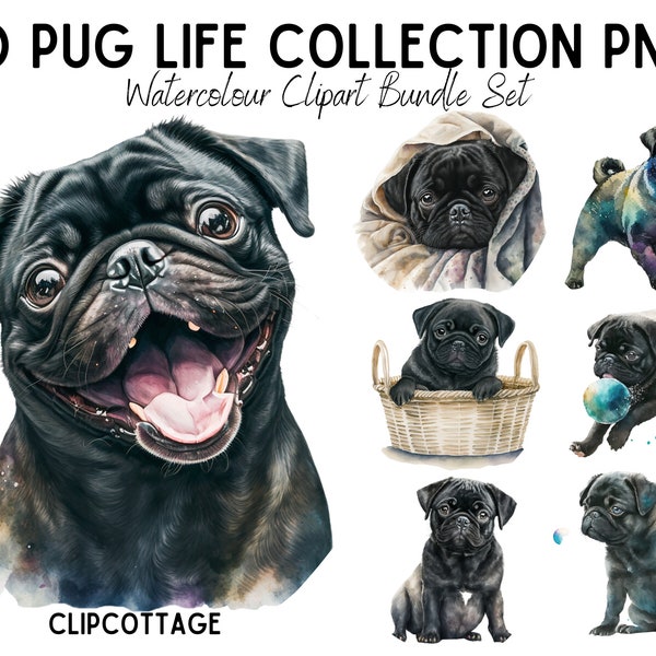 Carlin chien Clipart PNG Sublimation Bundle | 20 amoureux des chiens de race animale transparente aquarelle téléchargement numérique Design imprime | Un usage commercial