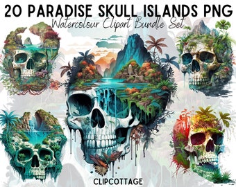 May include: 20 Paradise Skull Islands PNG Watercolor Clipart Bundle Set. A digital download of 20 watercolor illustrations of skulls with tropical islands and waterfalls.