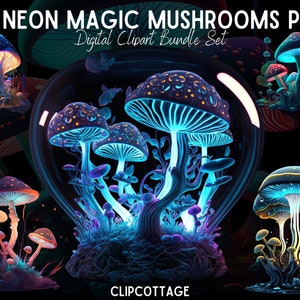 Neon Magic Mushrooms Clipart PNG Sublimation Bundle | 20 Transparent Psychedelic Watercolour Digital Download Design Prints | Commercial Use