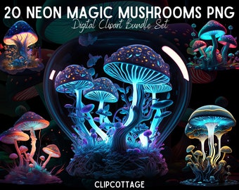 Neon Magic Mushrooms Clipart PNG Sublimation Bundle | 20 Transparent Psychedelic Watercolour Digital Download Design Prints | Commercial Use