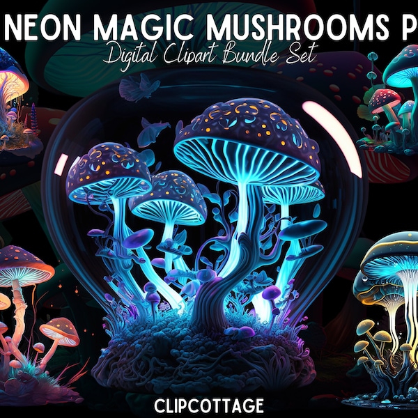 Neon Magic Mushrooms Clipart PNG Sublimation Bundle | 20 Transparent Psychedelic Watercolour Digital Download Design Prints | Commercial Use