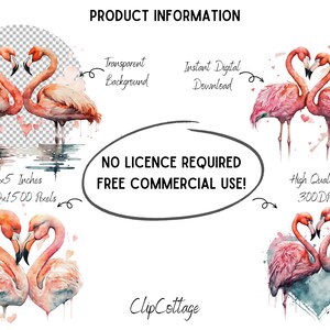 May include: Digital download of a watercolour painting of two pink flamingos with their necks intertwined in a heart shape. The image is 5x5 inches and 1500x1500 pixels, 300 DPI, and has a transparent background.  No licence is required for commercial use.