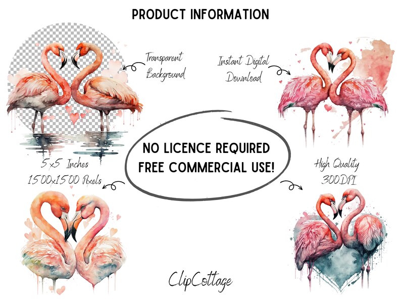 May include: Digital download of a watercolour painting of two pink flamingos with their necks intertwined in a heart shape. The image is 5x5 inches and 1500x1500 pixels, 300 DPI, and has a transparent background.  No licence is required for commercial use.