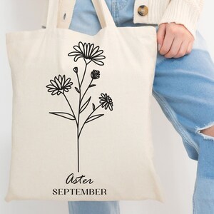 September Aster Canvas Tote Bag for Birthday gift or wedding party gift floral bag gift for mom for Mother&#39;s Day gift for friend gift tote