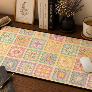 Granny Square Crochet Desk Mat Cozy Pastel Mouse Pad Cottagecore Aesthetic Home Office Work From Home Decor Floral Patchwork Mouse Pad
