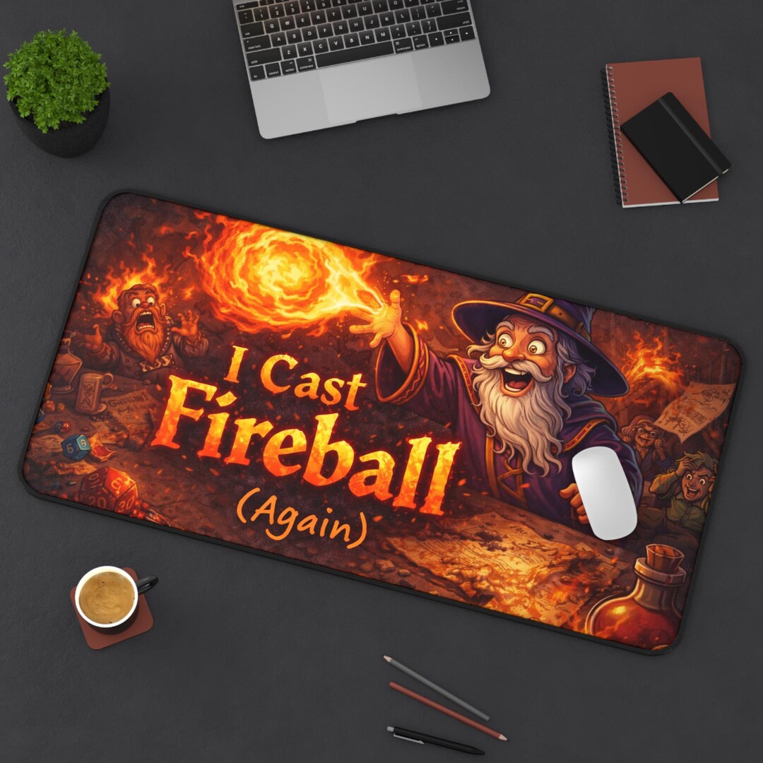 I Cast Fireball Desk Mat Fantasy Wizard Large Mouse Pad Tabletop Gamer ...