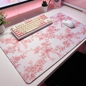 Pink Floral Desk Mat, Aesthetic Mousepad, Coquette Desk Decor, Feminine Workspace Setup, Cute Office Desk Pad, Soft Girl Desk Accessory