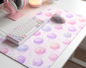 DND Dice Desk Mat Pastel RPG Mouse Pad, Tabletop Gamer Setup, Fantasy Gaming Desk Pad Large Neoprene RPG Gaming Mousepad Office Setup