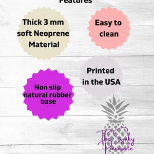 May include: Image showcasing product features: thick 3 mm soft Neoprene material, easy to clean, non-slip natural rubber base, and printed in the USA. The image includes a pineapple graphic and the text "The Spiky Pineapple".