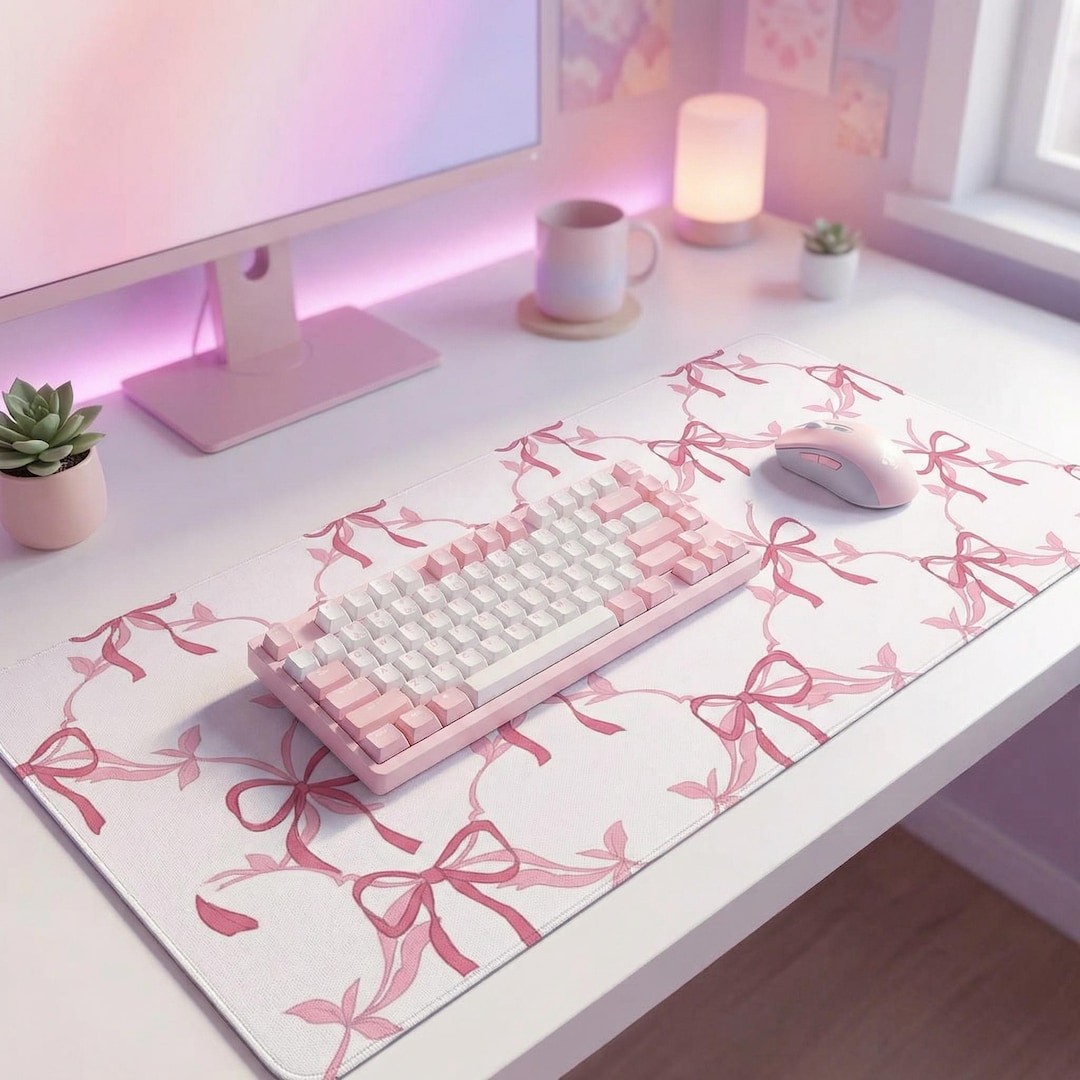 Pink Bow Desk Mat Coquette Aesthetic Desk Setup Cute Desk Decor ...