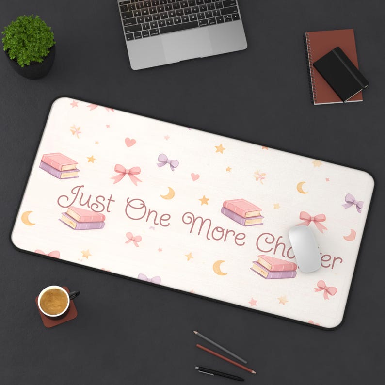 Just One More Chapter Desk Mat Book Lover Mouse Pad Cozy Reading Aesthetic Pastel Home Office Work From Home Cute Desk Setup Booktok Desk image 2
