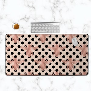 Bumble Bee Desk Mat cute office decor for home office desk accessories large mouse pad cottagecore decor mousepad with polka dots pink decor
