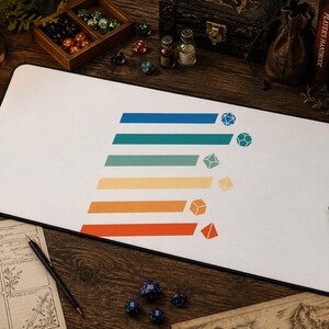 Pode incluir: Um tapete de secretária retangular branco com um design gráfico de seis barras horizontais num gradiente de azul, azul-petróleo, sálvia, amarelo, laranja e vermelho. Cada barra é combinada com um dado poliédrico de cor correspondente.