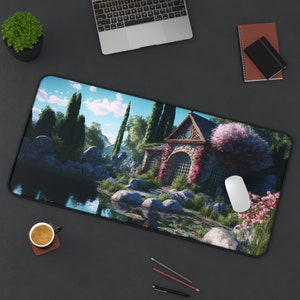 fantasy forest cottage large desk mat for keyboard mousepad desk accessories for office gaming mouse pad with whimsical art gift for xmas