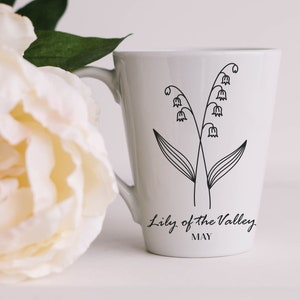 May Birthday Gift for her birthday Latte Mug for coffee and tea gift with hand drawn flower gift for coworker present lily of the valley mug