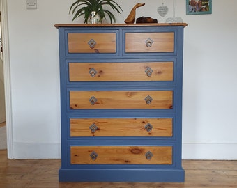 SOLD NOW! Out of stock. Pinewood chest of 6 drawers blue