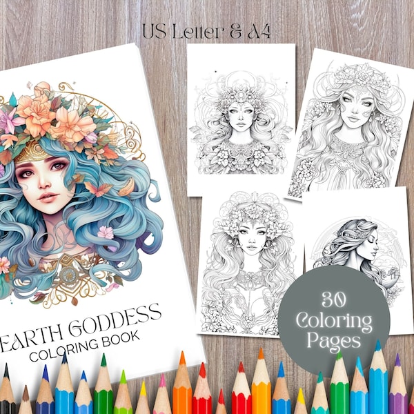 30 Printable Earth Goddess Coloring Pages | Coloring Book Adults | Inner Goddess | Divine Feminine | Instant Download | A4 + US Letter | PDF