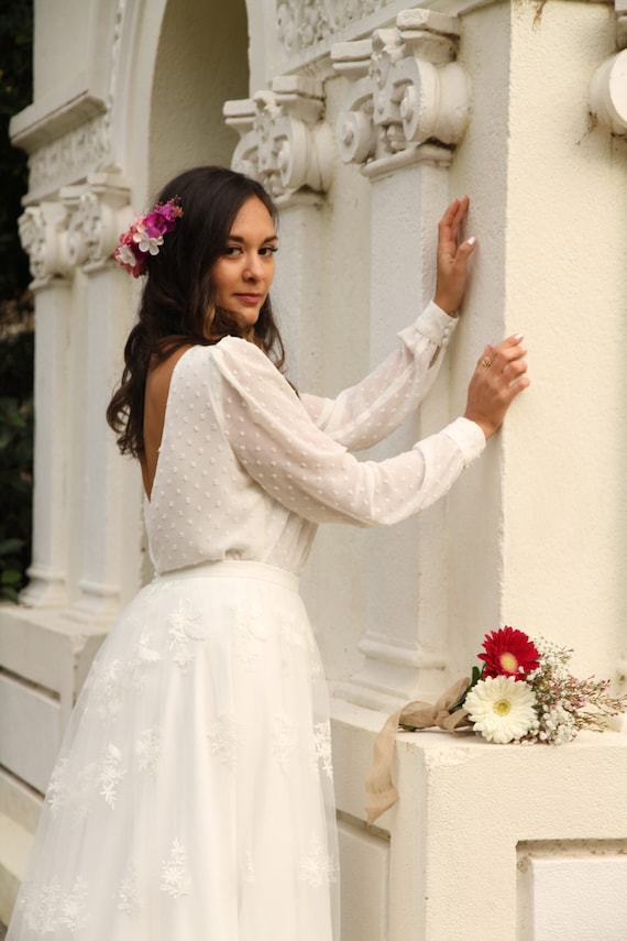 plumeti chiffon dress Bodice in Plumeti Chiffon and Wide Skirt in Off-white Embroidered Tulle